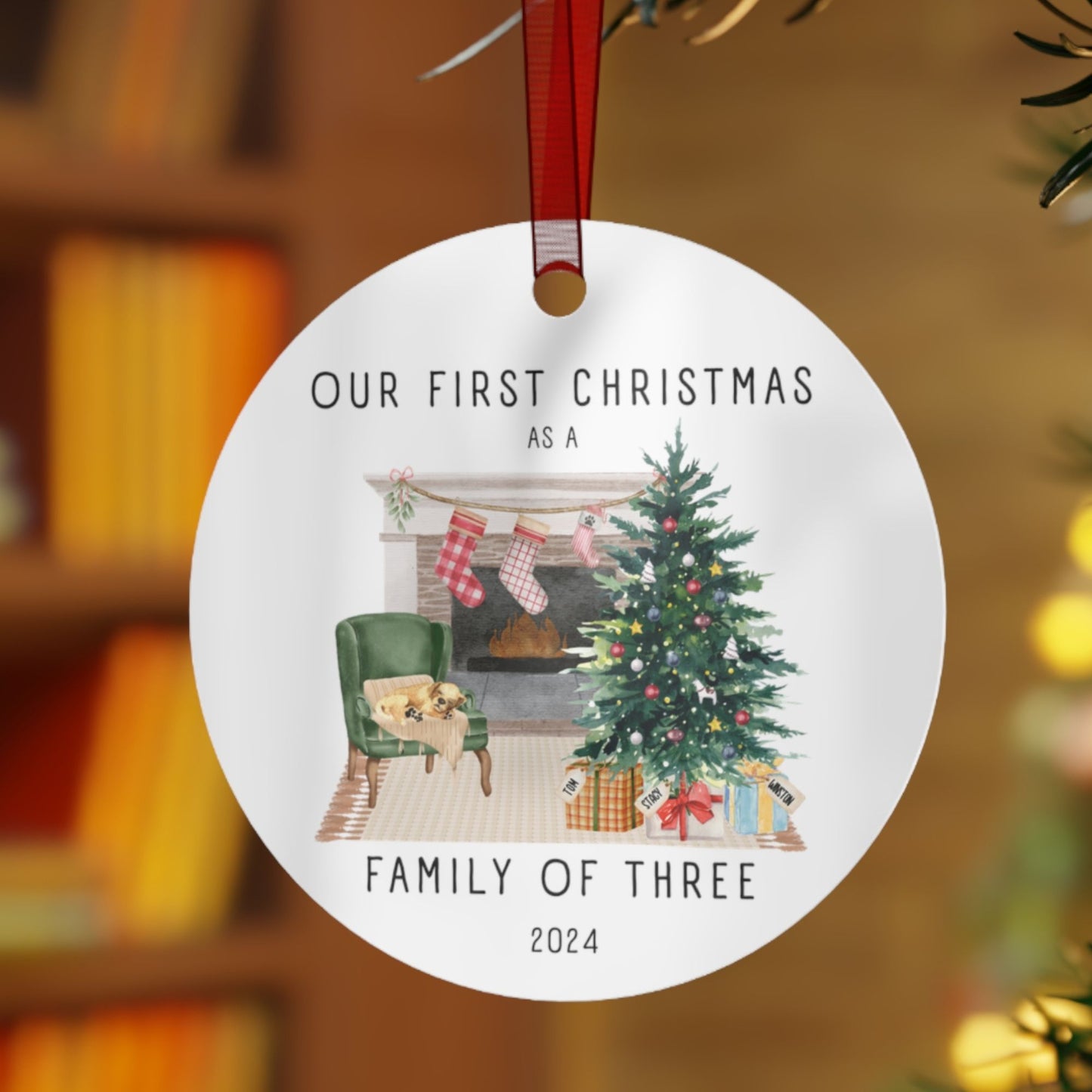 Our First Christmas Family of 3 Personalized Watercolor Metal Ornament: Cozy Fireplace with Personalization