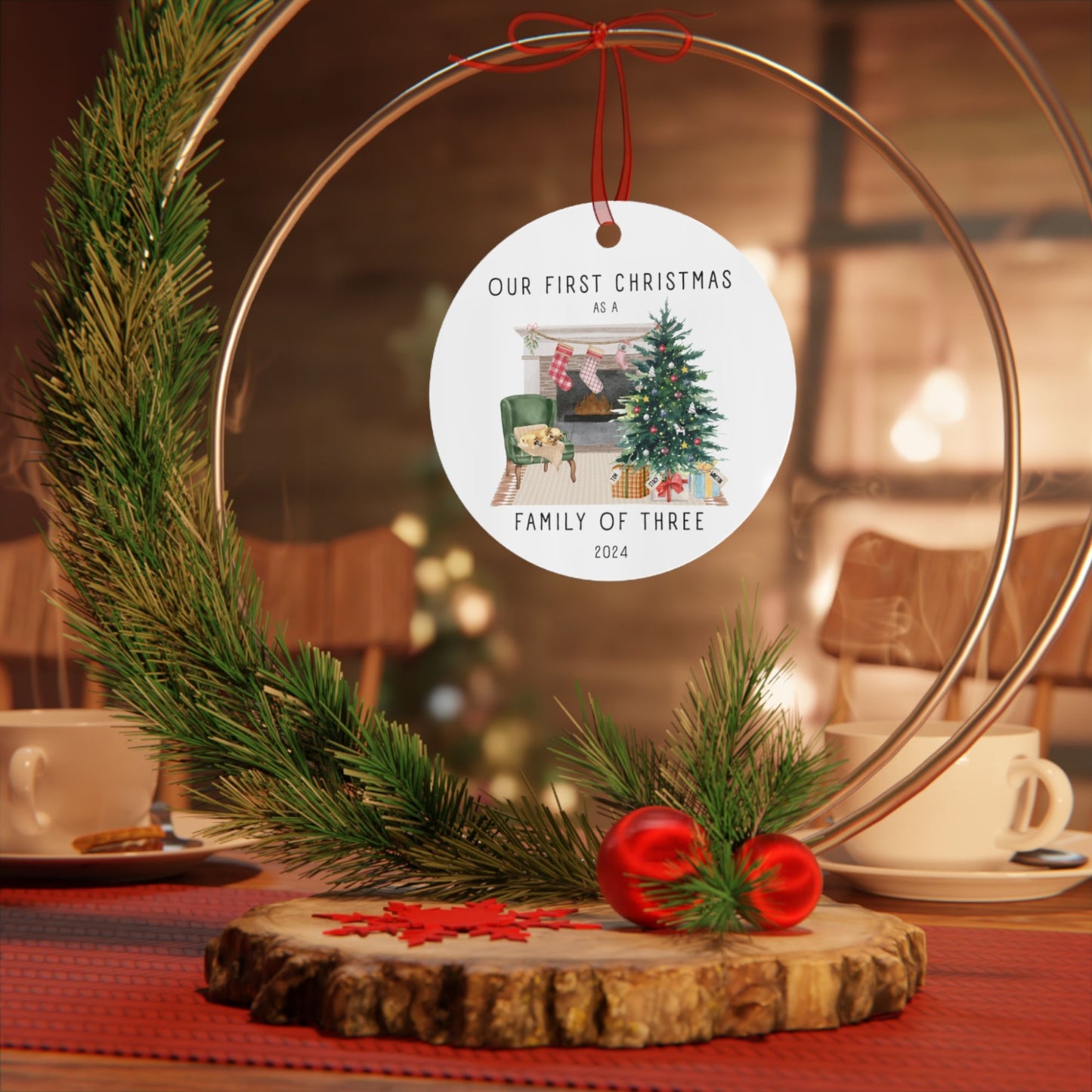 Our First Christmas Family of 3 Personalized Watercolor Metal Ornament: Cozy Fireplace with Personalization