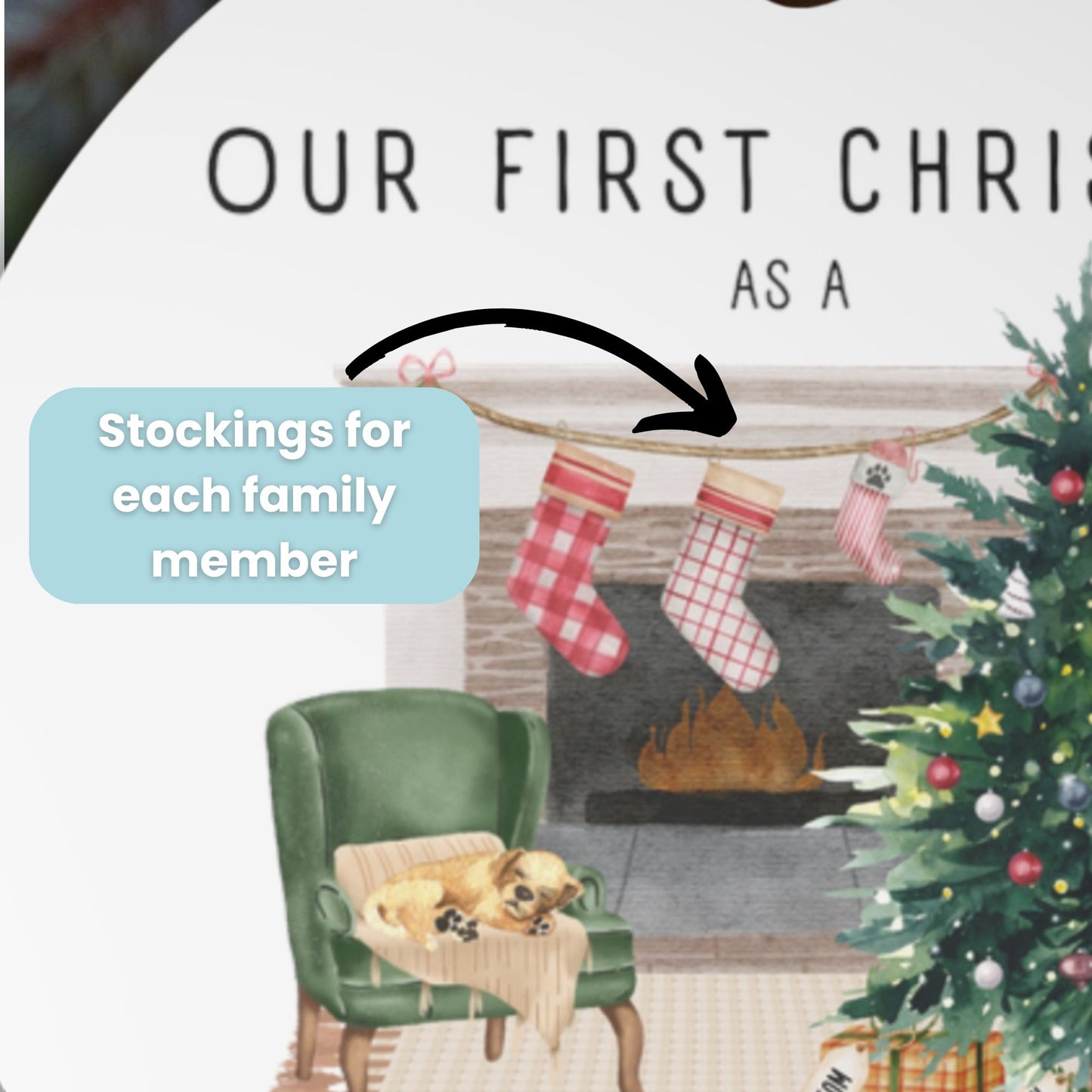 Our First Christmas Family of 3 Personalized Watercolor Metal Ornament: Cozy Fireplace with Personalization