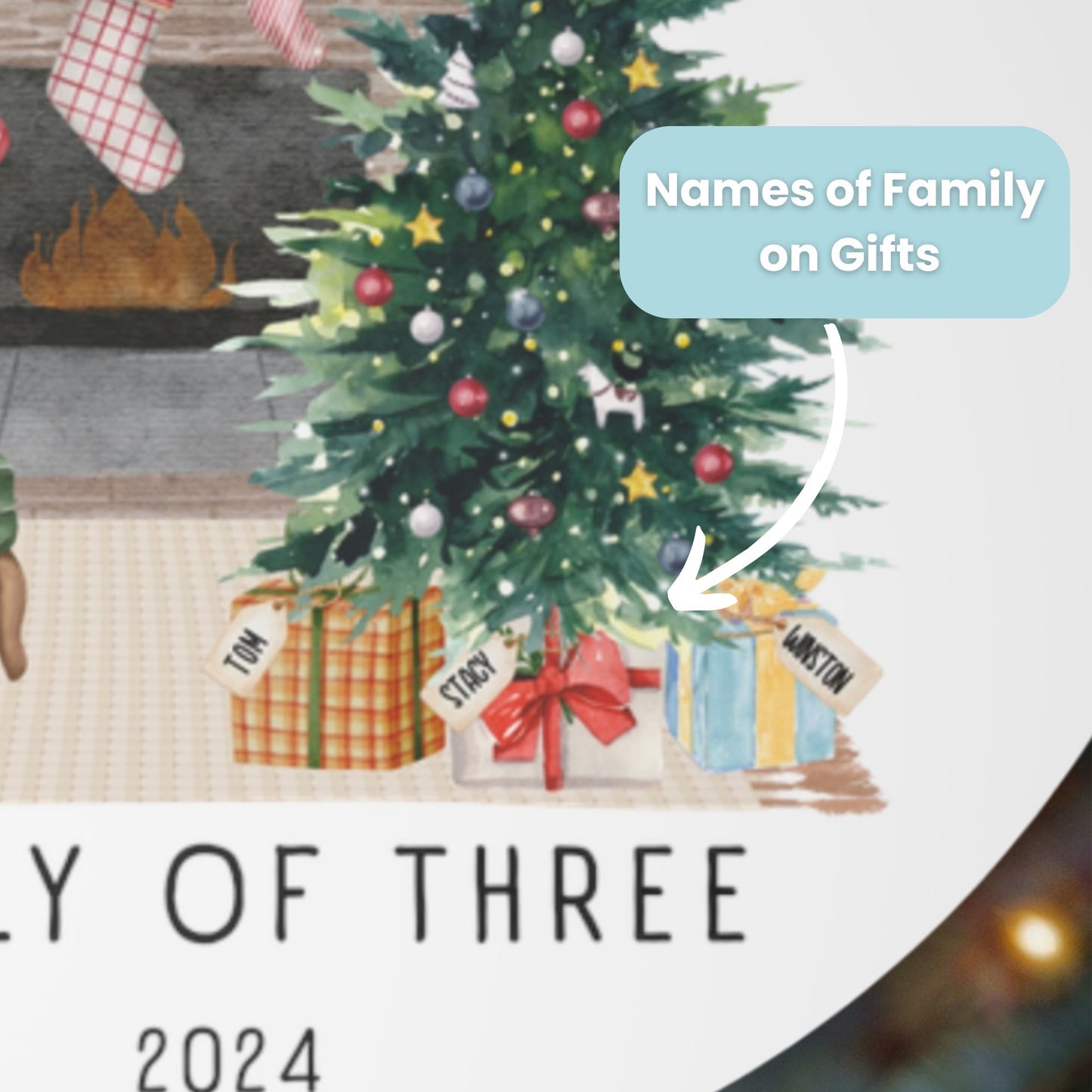 Our First Christmas Family of 3 Personalized Watercolor Metal Ornament: Cozy Fireplace with Personalization