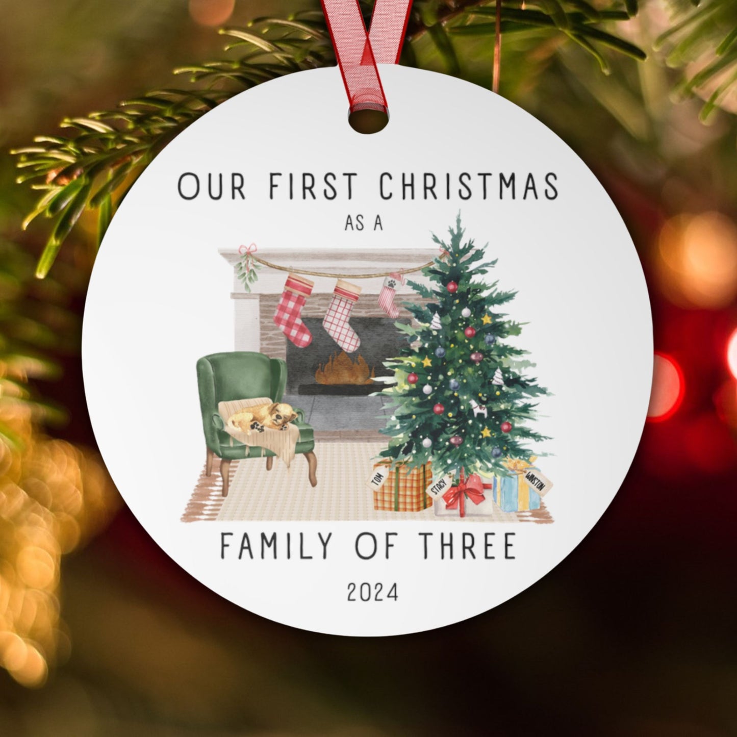 Our First Christmas Family of 3 Personalized Watercolor Metal Ornament: Cozy Fireplace with Personalization