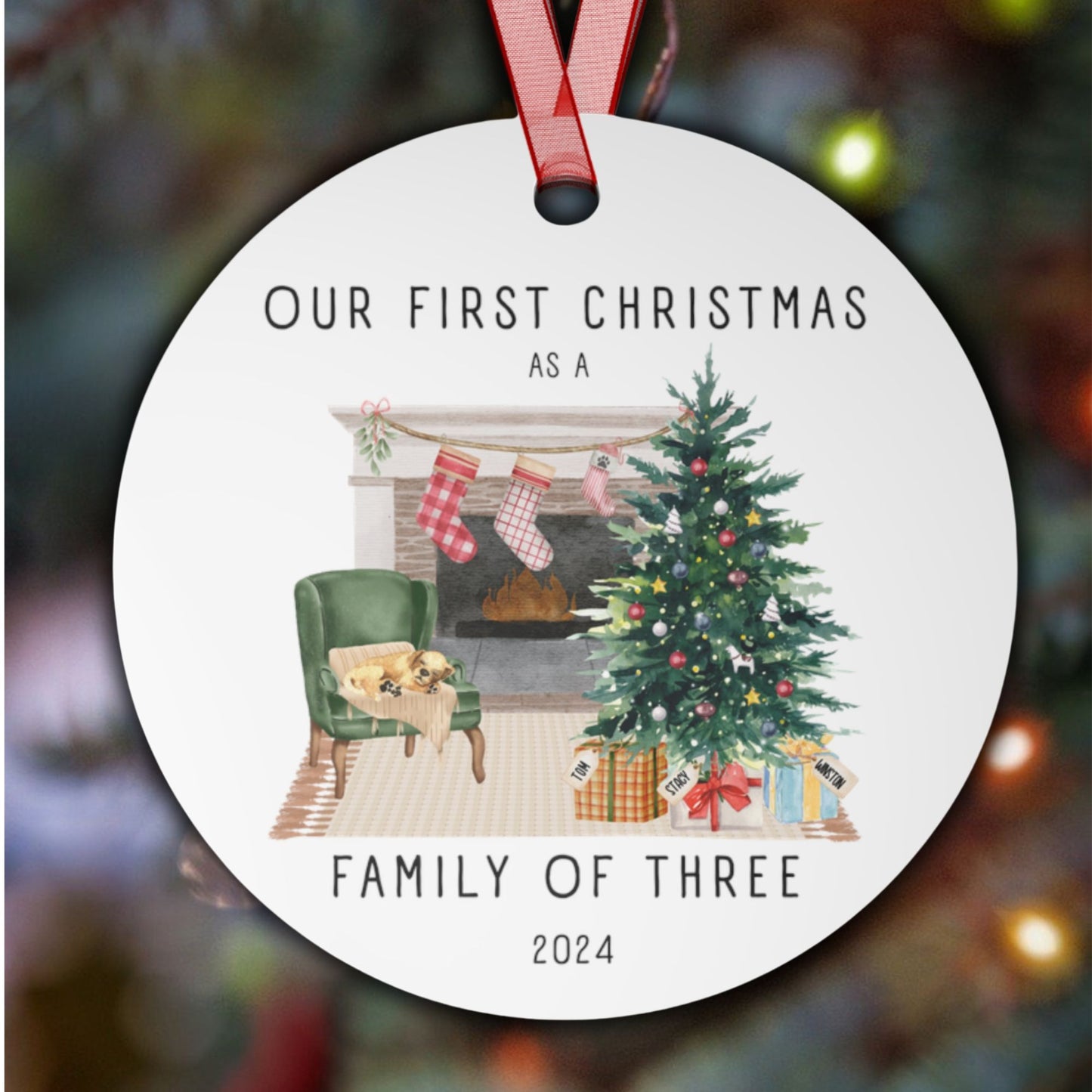 Our First Christmas Family of 3 Personalized Watercolor Metal Ornament: Cozy Fireplace with Personalization