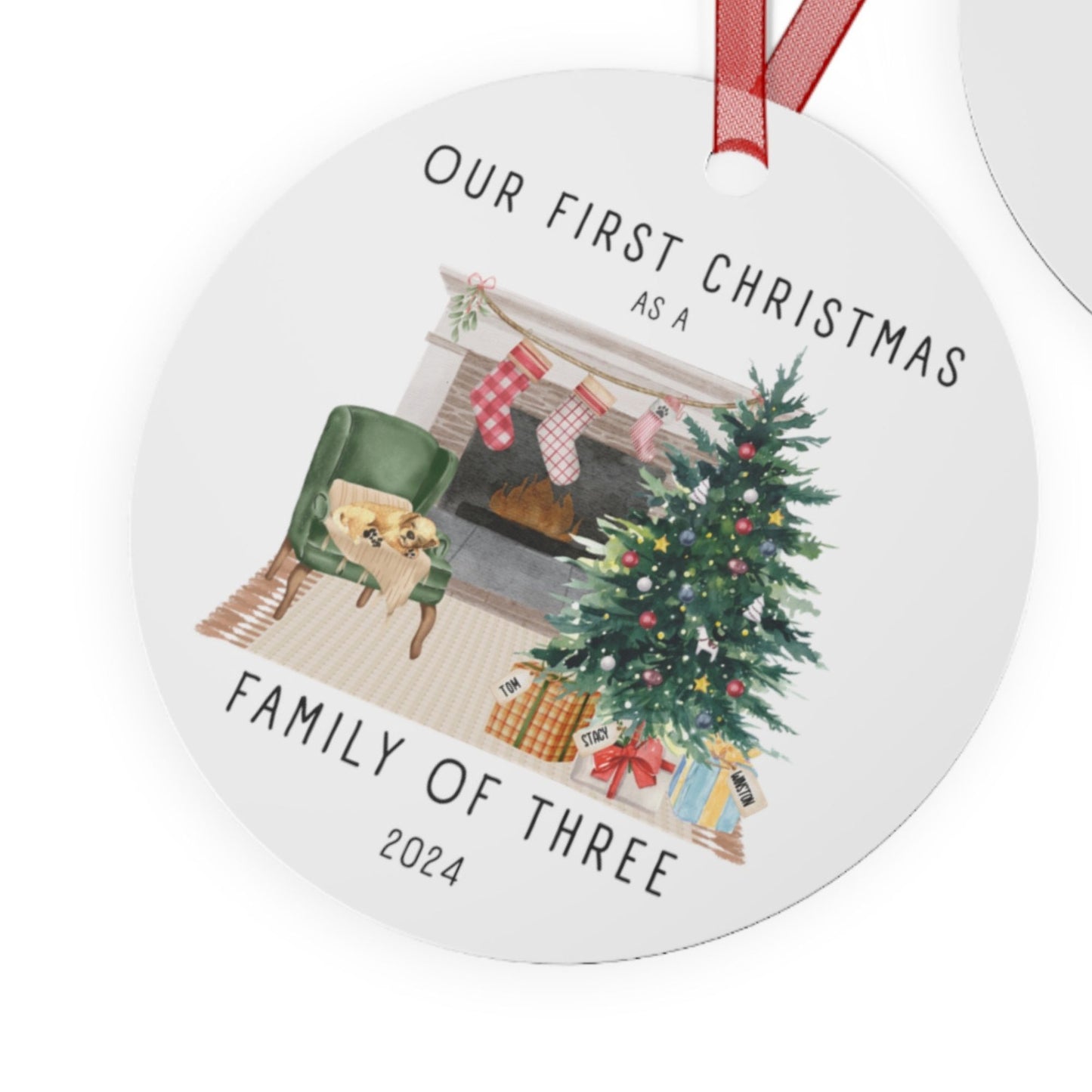 Our First Christmas Family of 3 Personalized Watercolor Metal Ornament: Cozy Fireplace with Personalization