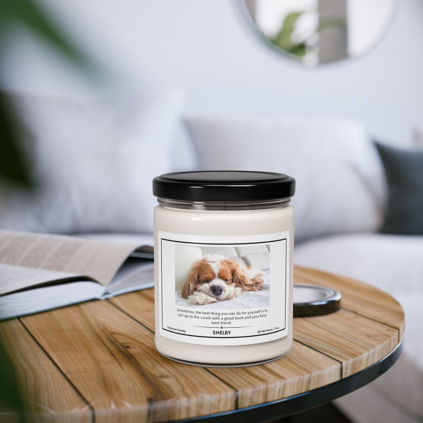 Personalized Scented Soy Candle: Cozy Dog Themed Self-Care Candle - Hygge and Well Being