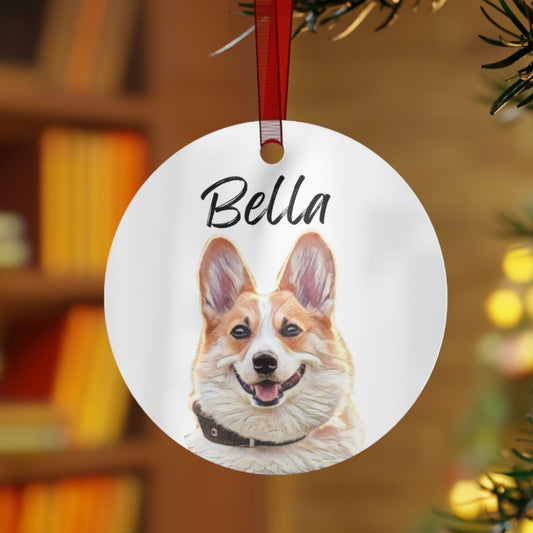 Custom Watercolor Dog Portrait Metal Christmas Ornament: Personalized Dog Photo Gift