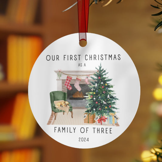 Our First Christmas Family of 3 Personalized Watercolor Metal Ornament: Cozy Fireplace with Personalization