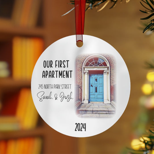 Our First Apartment Watercolor Metal Christmas Ornament: Custom New Home