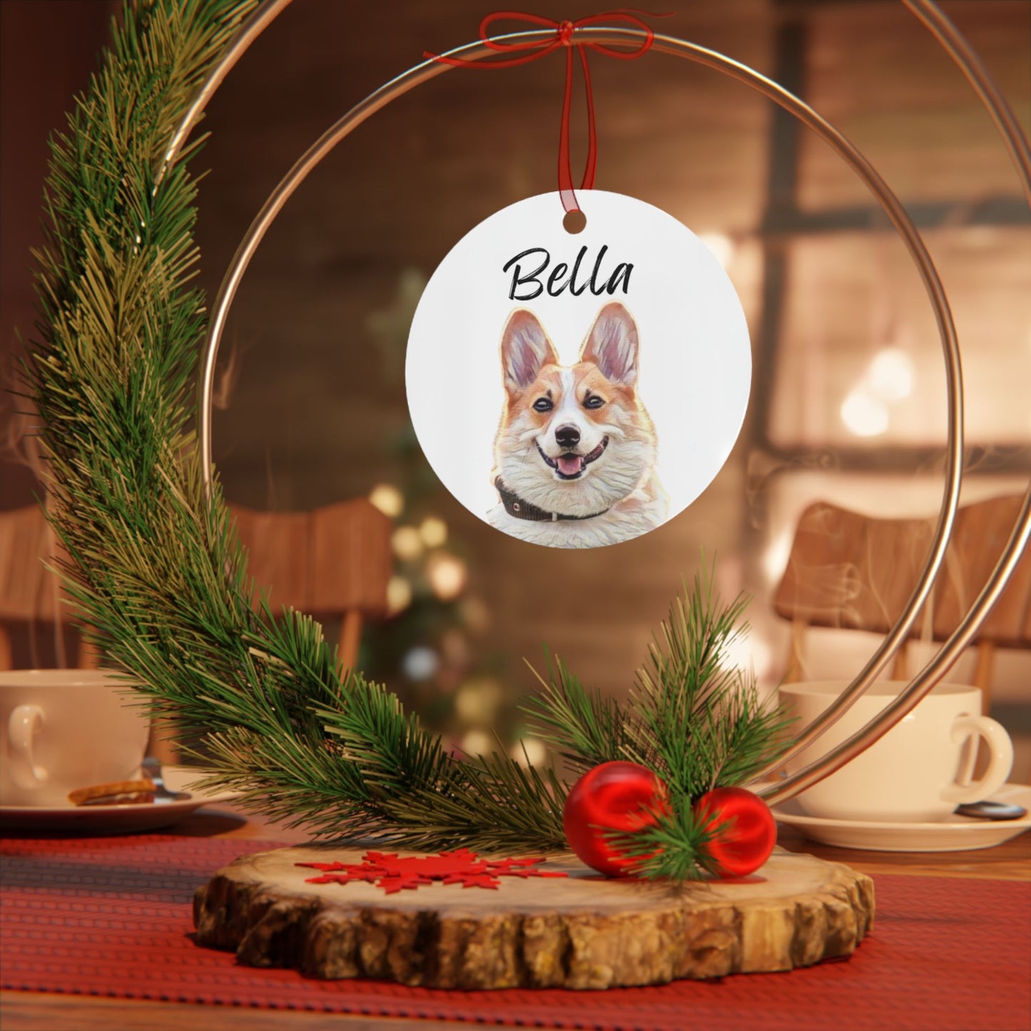 Custom Watercolor Dog Portrait Metal Christmas Ornament: Personalized Dog Photo Gift