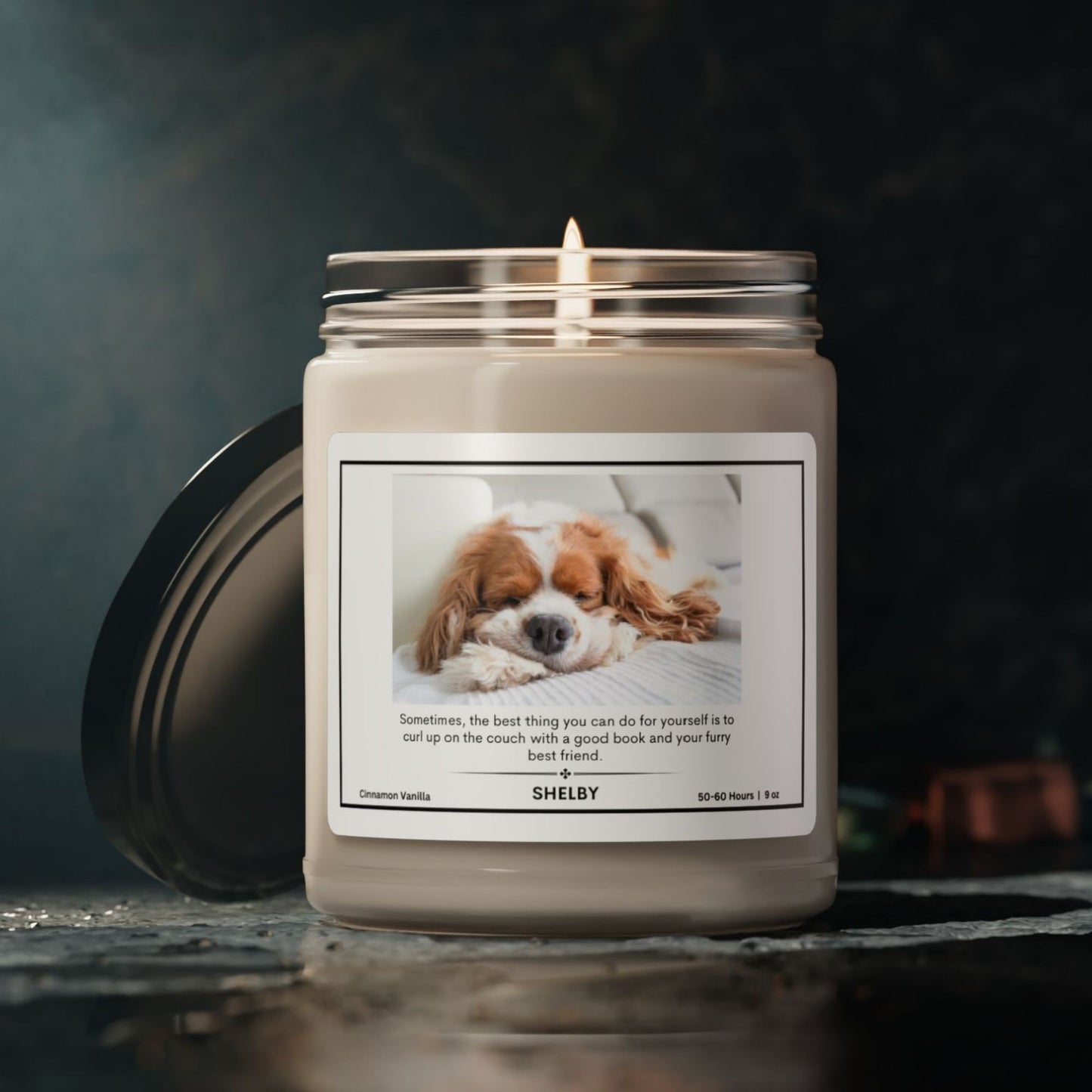 Personalized Scented Soy Candle: Cozy Dog Themed Self-Care Candle - Hygge and Well Being