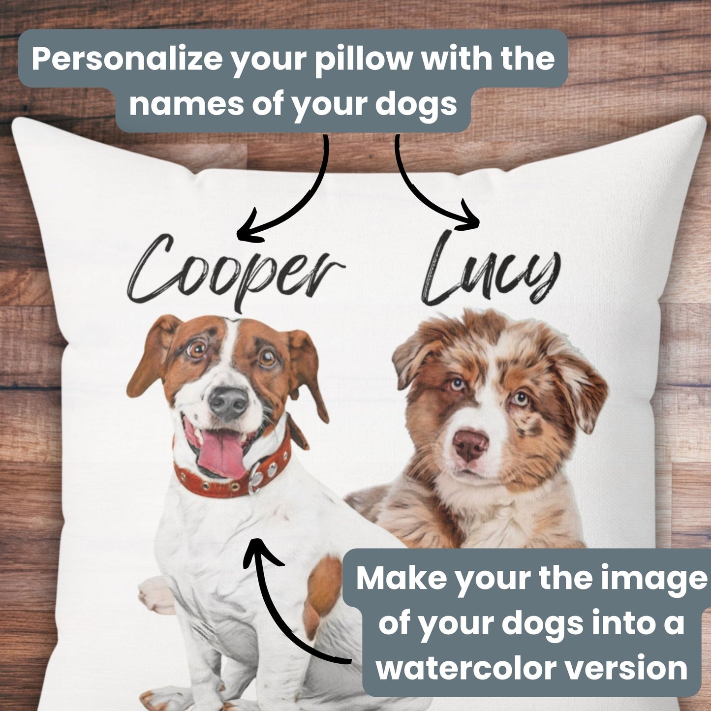 Personalized Two Dogs Photo Pillow: Watercolor Dogs