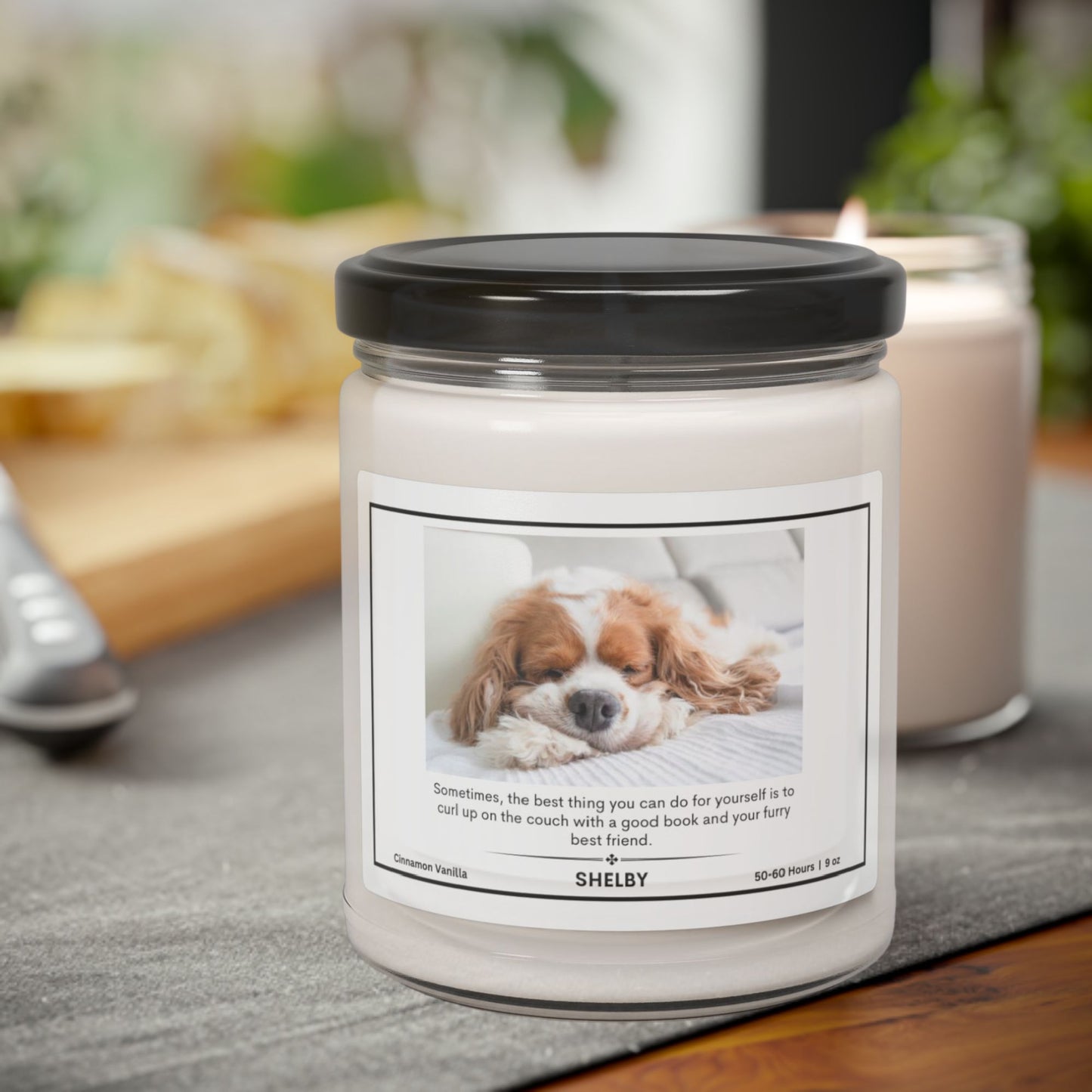 Personalized Scented Soy Candle: Cozy Dog Themed Self-Care Candle - Hygge and Well Being